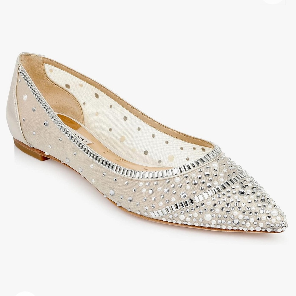 Badgley Mischka ~ Babette ~ Bejeweled Mesh Flat ~ Ivory Satin ~ Womens Size 8 - Picture 15 of 17